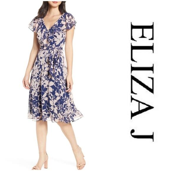 Eliza J Floral Print V-Neck Clip Ruffle Sleeve Dot Dress Size 8 - Picture 1 of 9